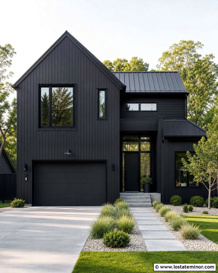 Monochrome Jet Black Siding With Black Trim - 30 Jet Black House Design With Siding Ideas