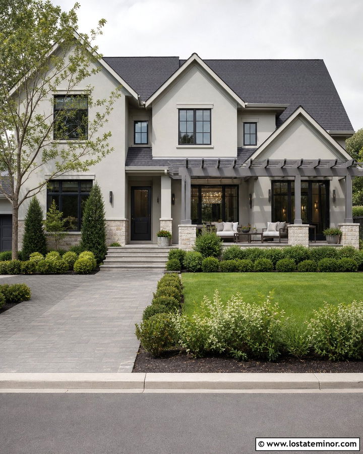 Monochrome Light Grey House With Grey Pergola - 30 Light Grey House Design With Pergola Ideas