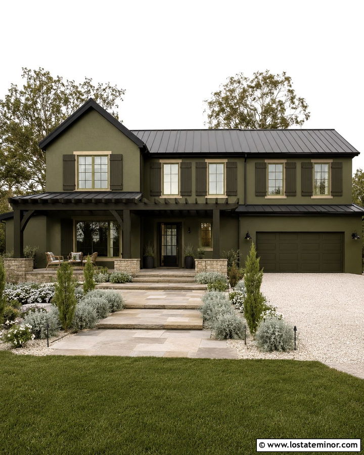 Monochrome Olive Green House With Matching Pergola - 30 Olive Green House Design With Pergola Ideas