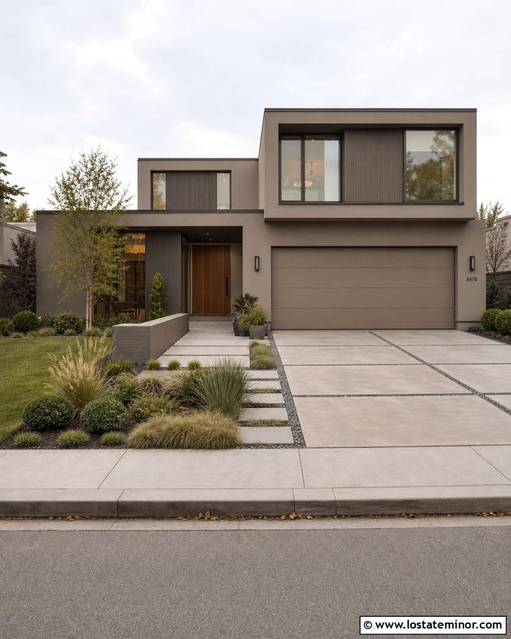 Monochrome Taupe House With Concrete Tile Walkway - 30 Taupe House Design With Walkway Ideas