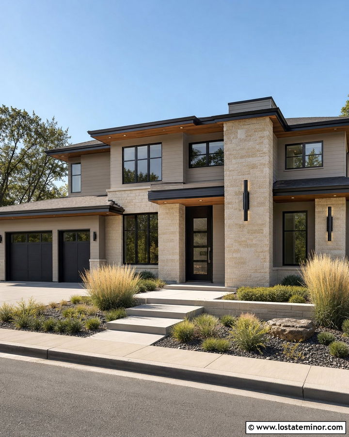 Monterey Taupe House With Black Up Down Lights - 30 Greige House Design With Light Fixtures Ideas