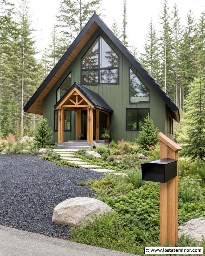 Moss Green A Frame House With Black Mailbox - 30 Moss Green House Design With Mailbox Ideas