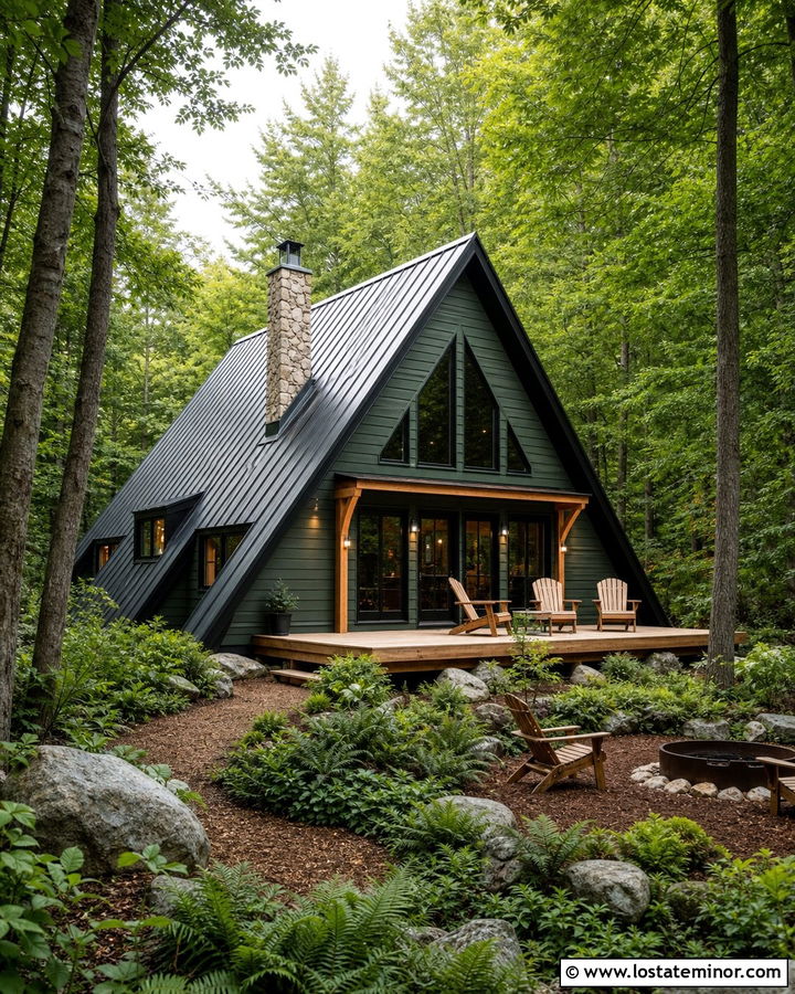 Moss Green A Frame With Woodland Backyard - 30 Moss Green House Design With Backyard Ideas
