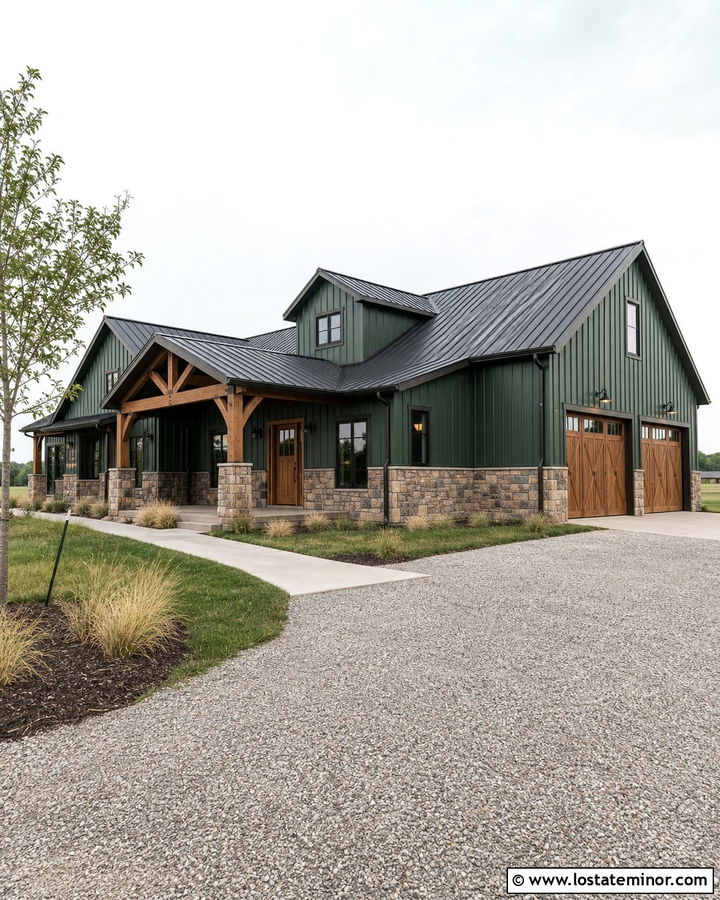 Moss Green Barndominium With Stone Base - 30 Moss Green House Design With Stone Accents Ideas