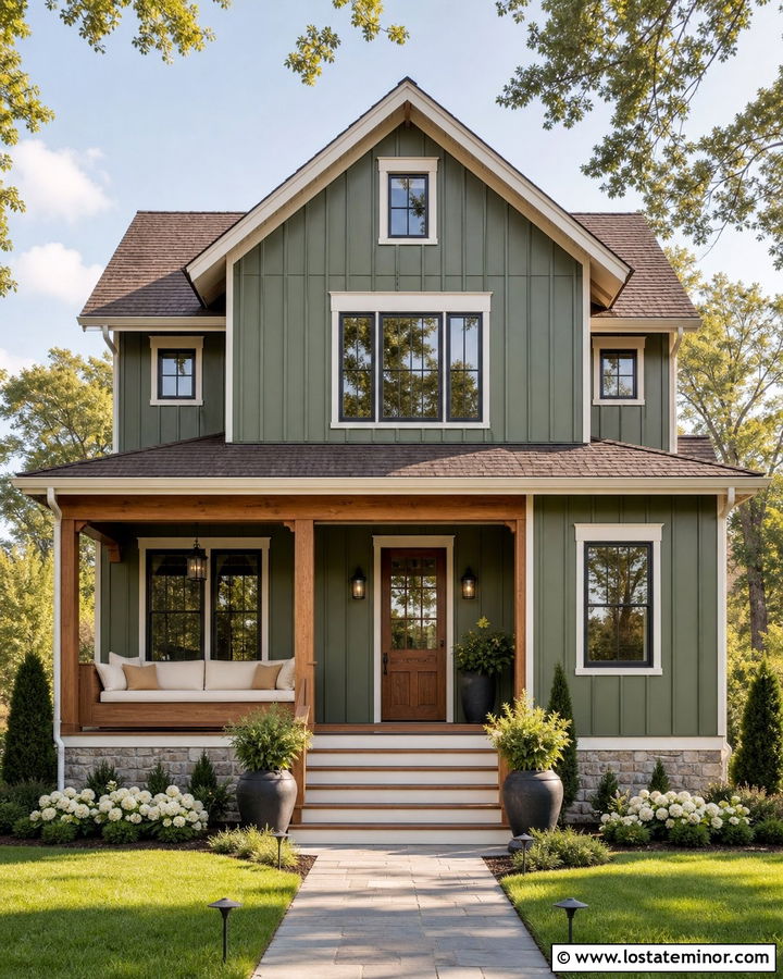 Moss Green Board And Batten House With Built In Daybed - 30 Moss Green House Design With Daybed Ideas