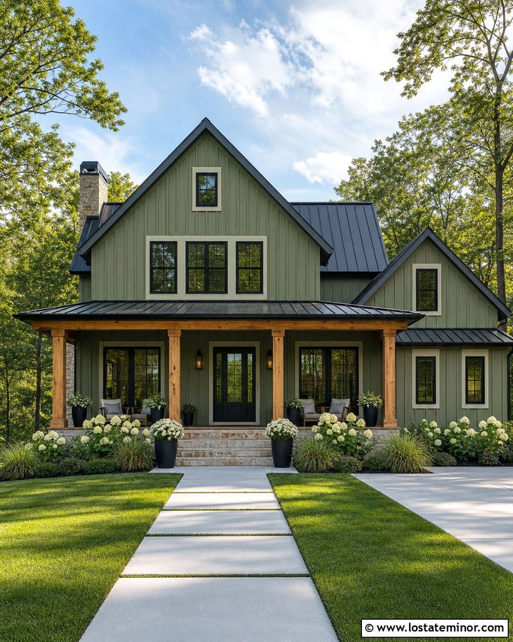 Moss Green Board And Batten House With Cedar Porch - 30 Moss Green House Design With Accents Ideas