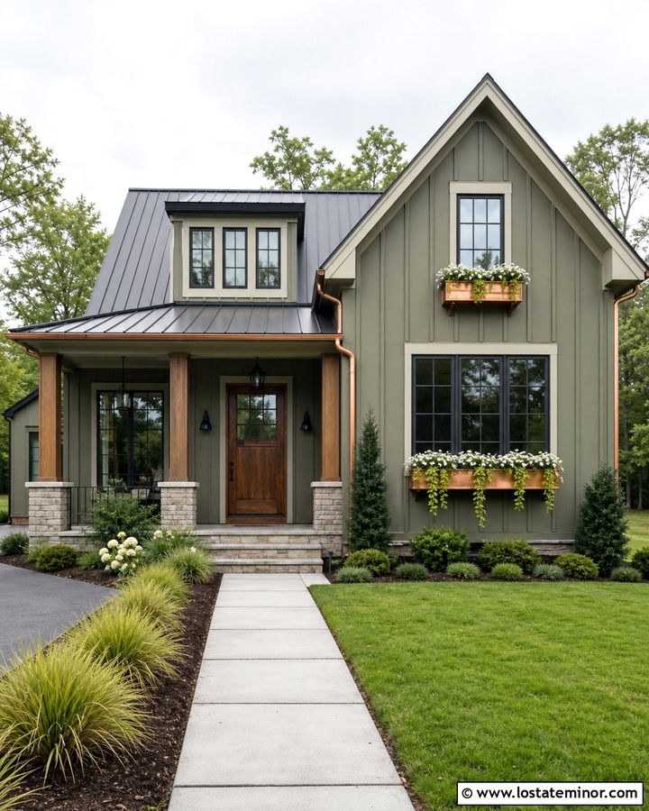 Moss Green Board And Batten House With Copper Window Boxes - 30 Moss Green House Design With Window Boxes Ideas