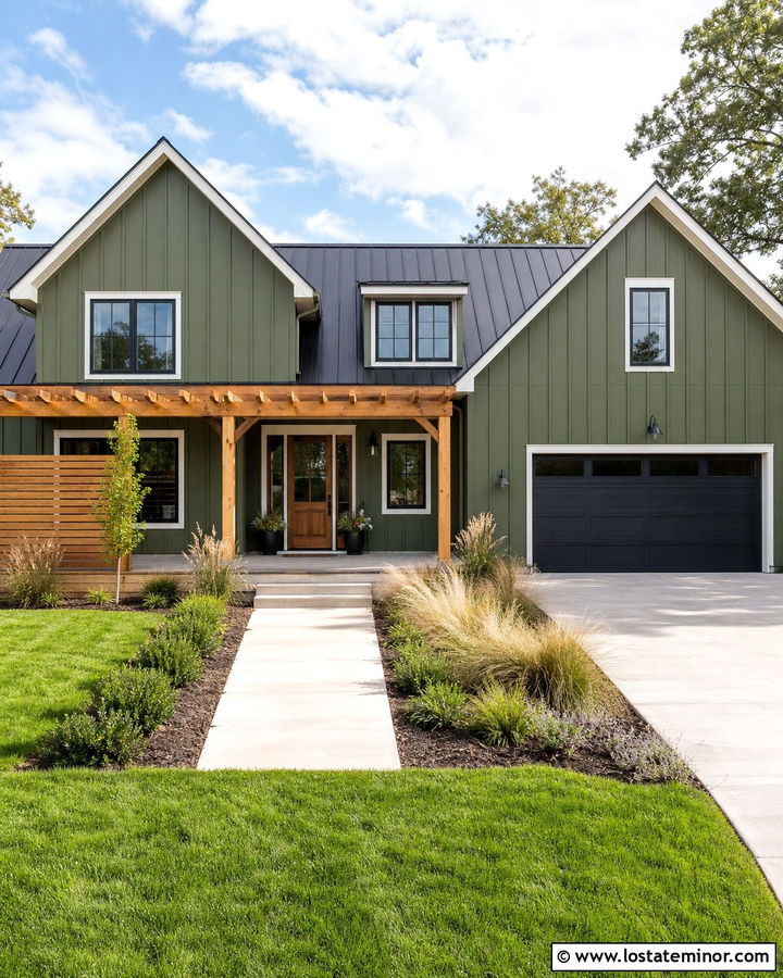 Moss Green Board And Batten House With Pergola - 30 Moss Green House Design With Pergola Ideas
