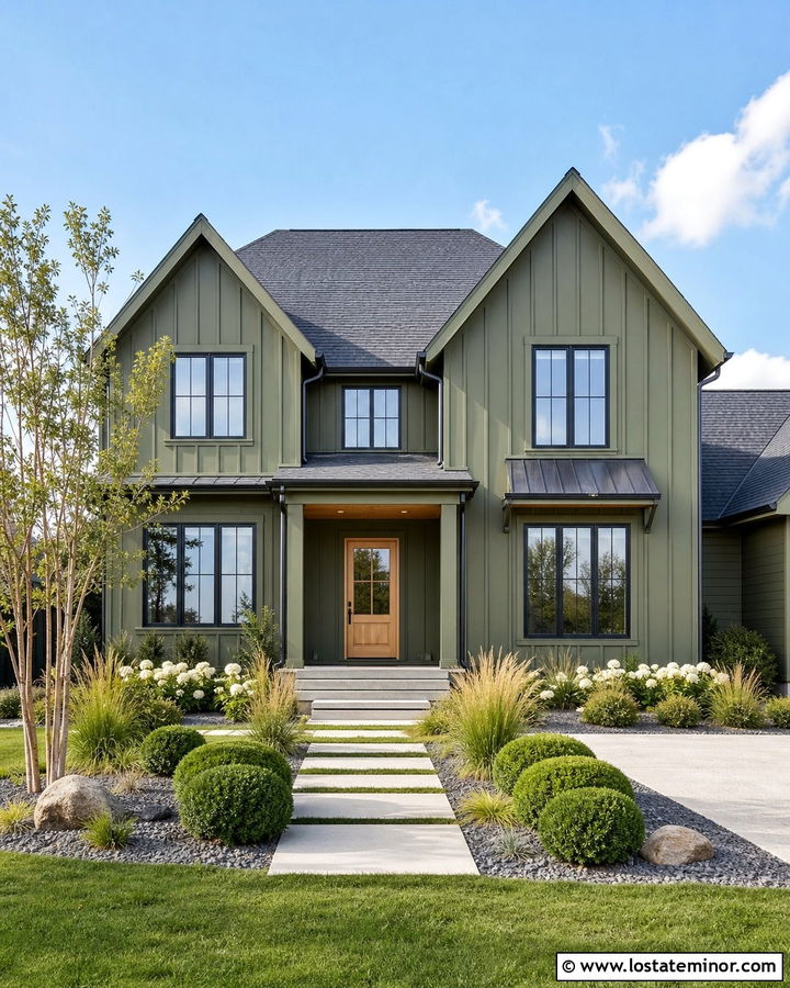Moss Green Board And Batten House With White Oak Accents - 30 Moss Green House Design With Landscaping Ideas