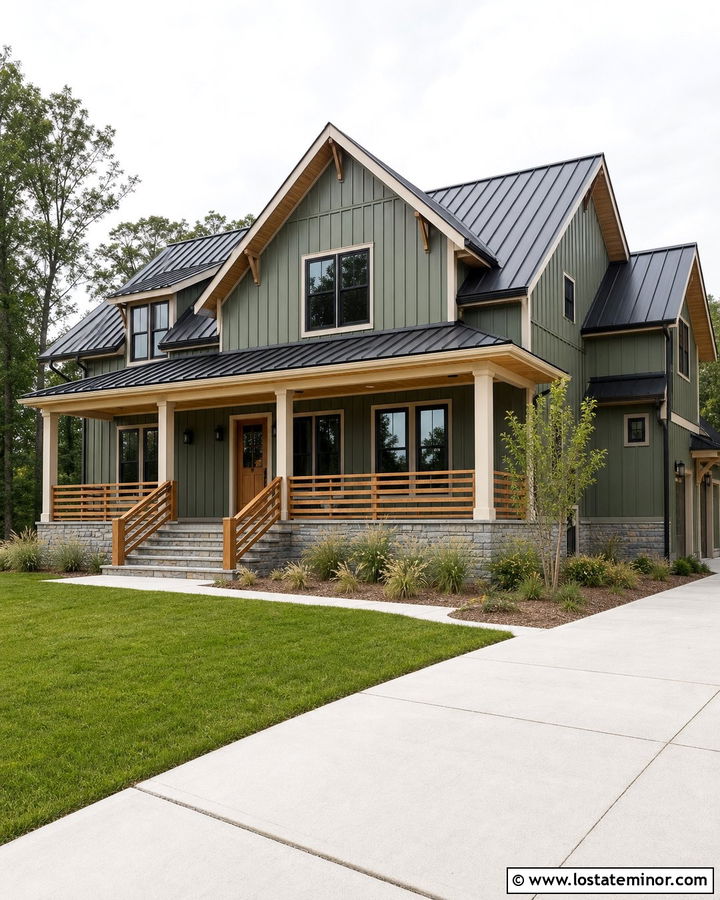 Moss Green Board And Batten House With Wood Railings - 30 Moss Green House Design With Railings Ideas