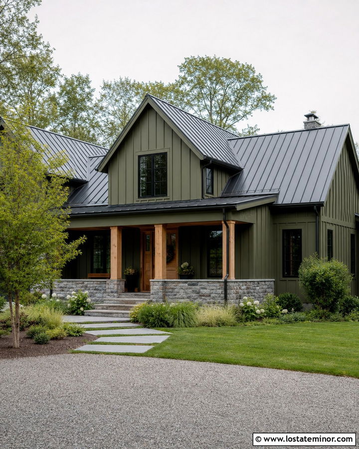 Moss Green Board And Batten Siding With Black Windows - 30 Moss Green House Design With Siding Ideas