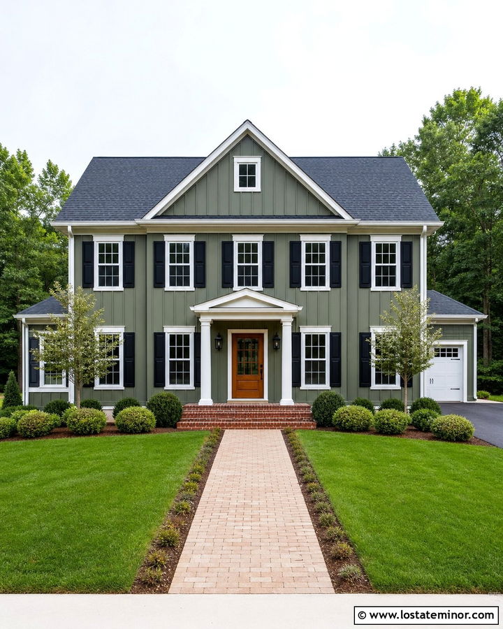 Moss Green Board and Batten Colonial House - 30 Moss Green House Design With Board and Batten Ideas