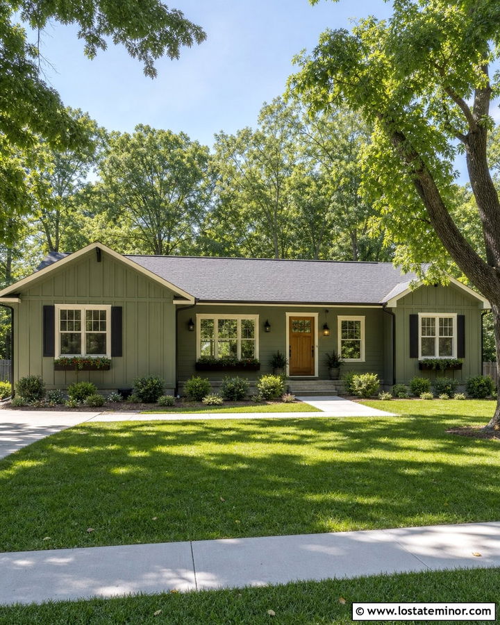Moss Green Board and Batten With Black Shutters - 30 Moss Green House Design With Board and Batten Ideas