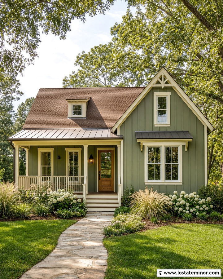 Moss Green Board and Batten With Cream Trim - 30 Moss Green House Design With Board and Batten Ideas