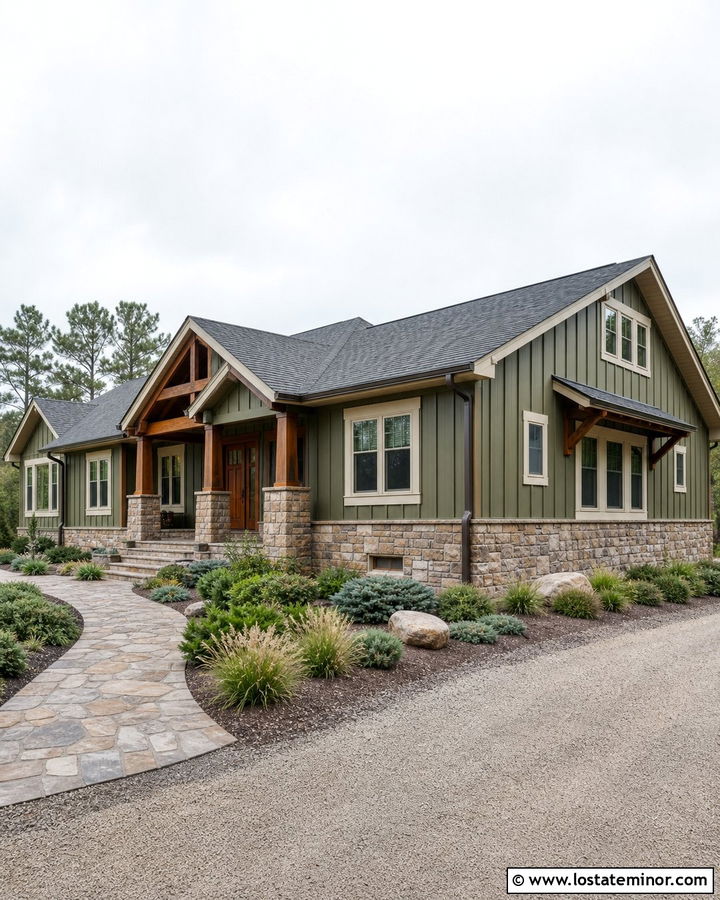 Moss Green Board and Batten With Stone Siding - 30 Moss Green House Design With Board and Batten Ideas