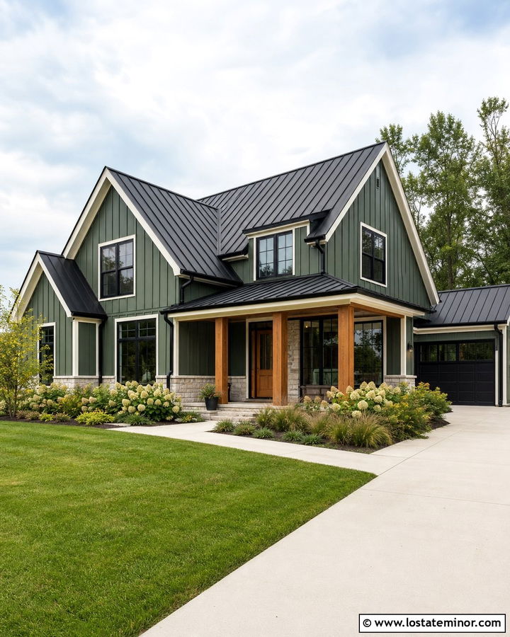 Moss Green Board and Batten With a Black Roof - 30 Moss Green House Design With Board and Batten Ideas
