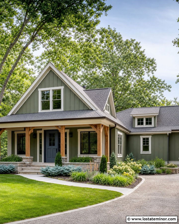 Moss Green Board and Batten With a Blue Front Door - 30 Moss Green House Design With Board and Batten Ideas