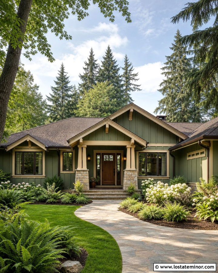 Moss Green Board and Batten With a Brown Roof - 30 Moss Green House Design With Board and Batten Ideas
