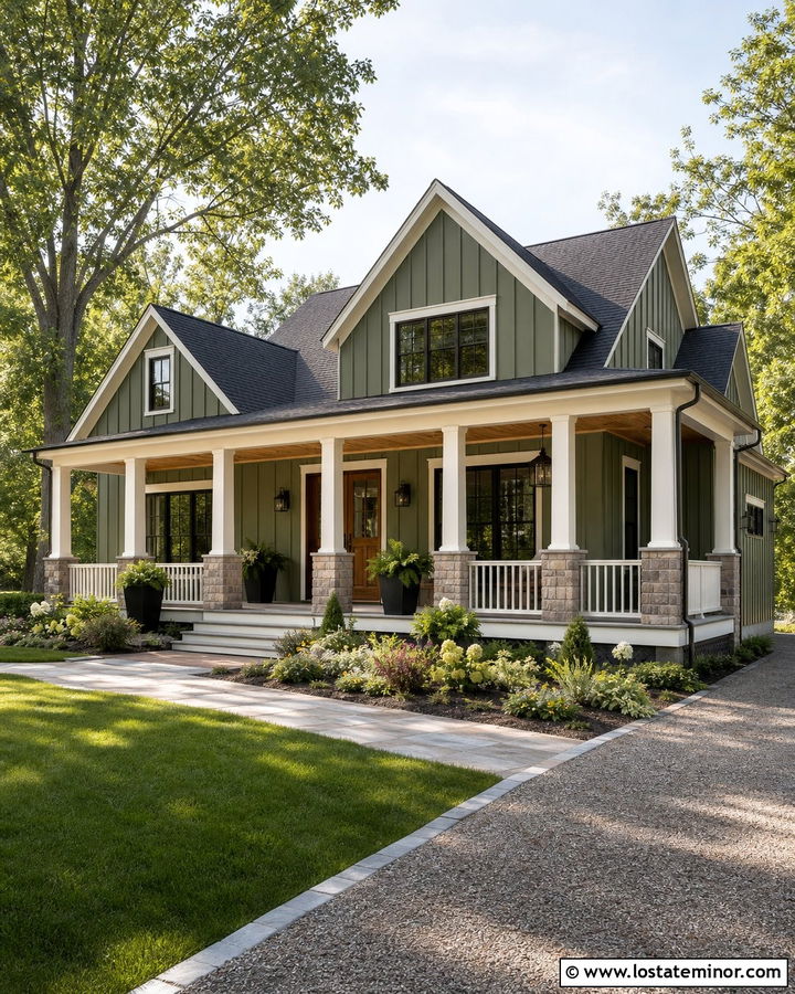 Moss Green Board and Batten With a Covered Porch - 30 Moss Green House Design With Board and Batten Ideas
