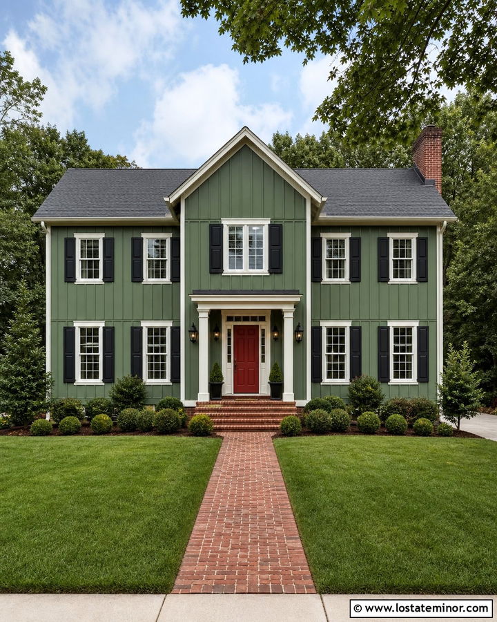 Moss Green Board and Batten With a Red Front Door - 30 Moss Green House Design With Board and Batten Ideas