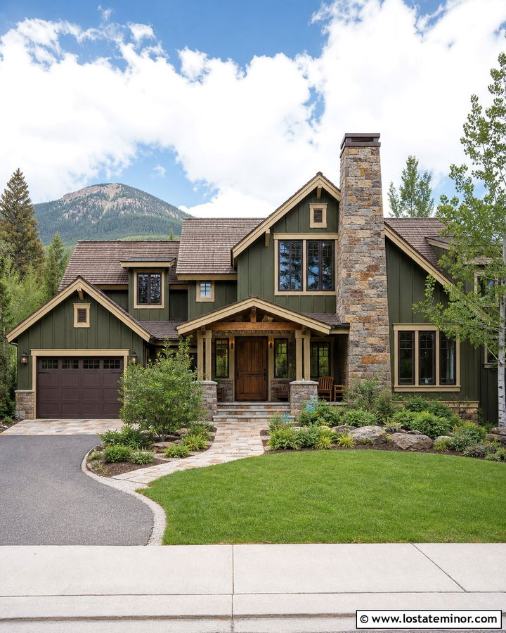 Moss Green Board and Batten With a Stone Chimney - 30 Moss Green House Design With Board and Batten Ideas