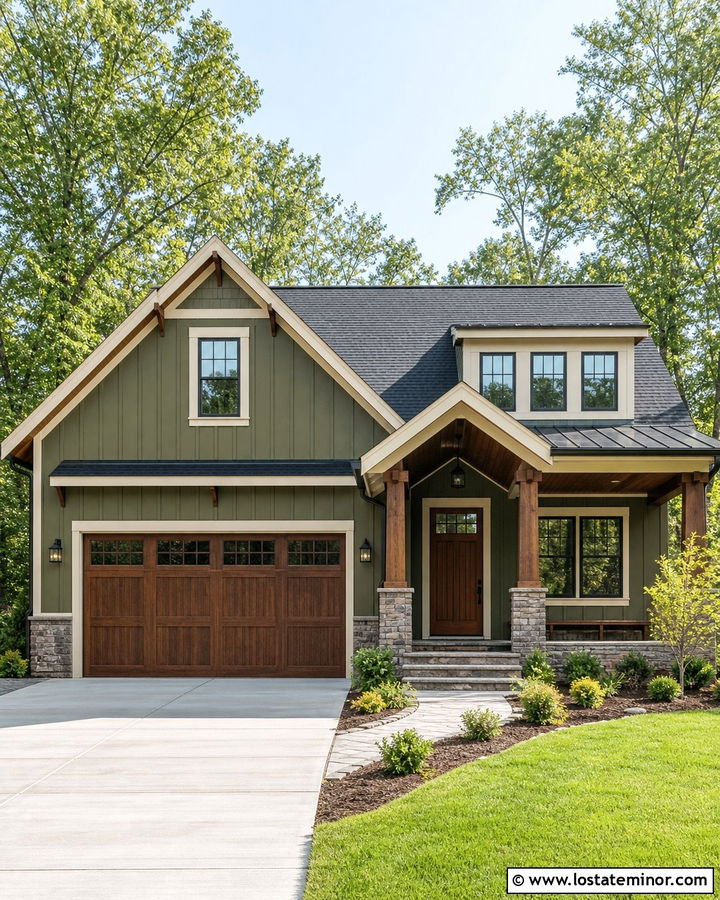Moss Green Board and Batten With a Wood Garage Door - 30 Moss Green House Design With Board and Batten Ideas