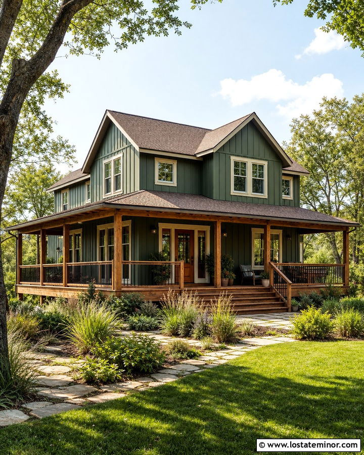Moss Green Board and Batten With a Wraparound Deck - 30 Moss Green House Design With Board and Batten Ideas