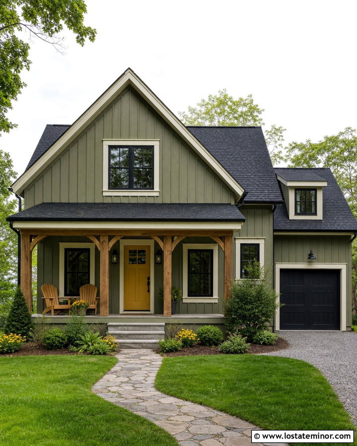 Moss Green Board and Batten With a Yellow Front Door - 30 Moss Green House Design With Board and Batten Ideas