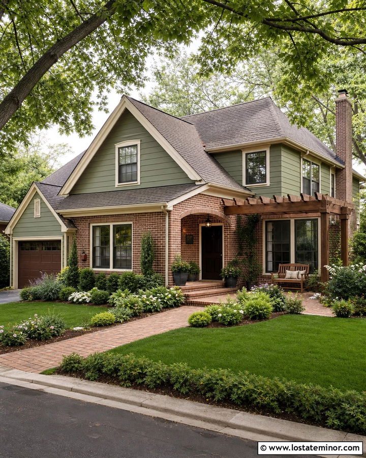 Moss Green Brick House With Attached Pergola - 30 Moss Green House Design With Pergola Ideas