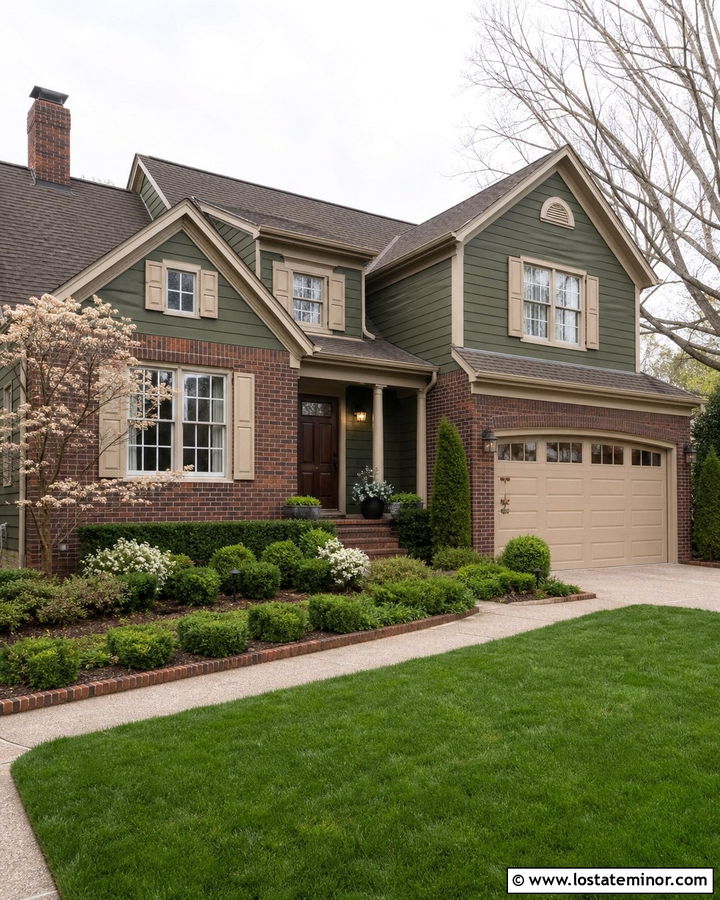 Moss Green Brick House With Beige Shutters - 30 Moss Green House Design With Shutters Ideas