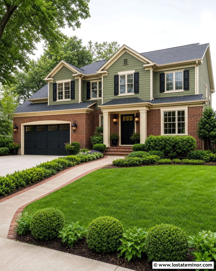 Moss Green Brick House With Black Coach Lights - 30 Moss Green House Design With Light Fixtures Ideas