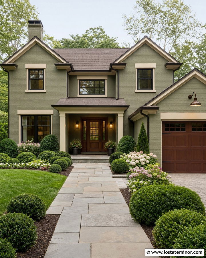Moss Green Brick House With Bronze Coach Lights - 30 Moss Green House Design With Lighting Ideas