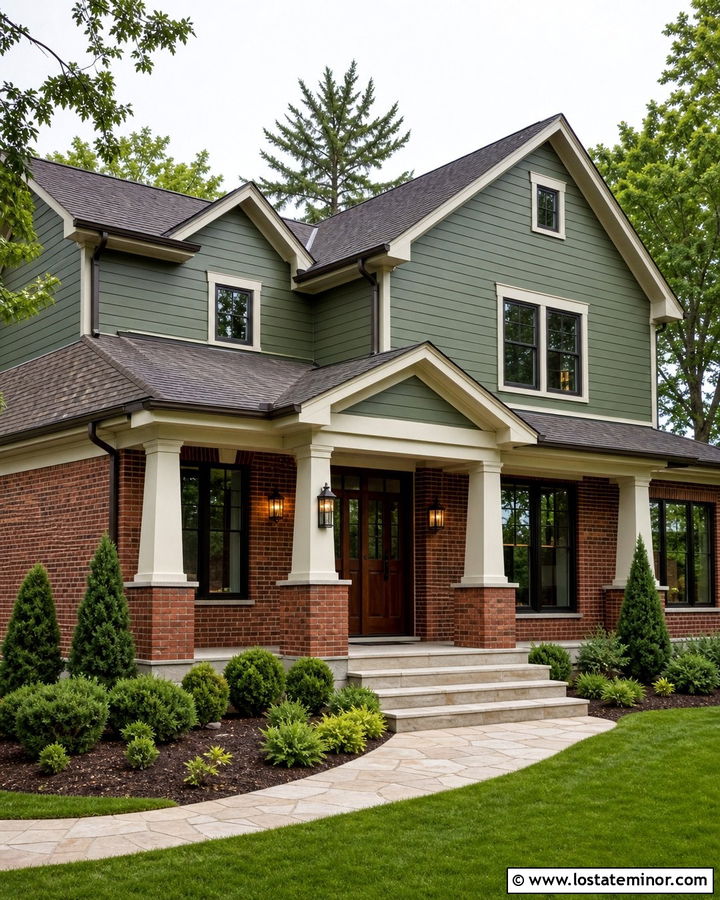 Moss Green Brick House With Covered Portico - 30 Moss Green House Design With Portico Ideas