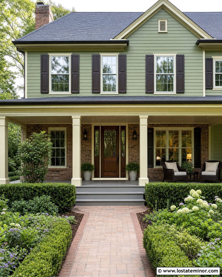 Moss Green Brick House With Cream Beadboard Ceiling - 30 Moss Green House Design With Porch Ceiling Ideas