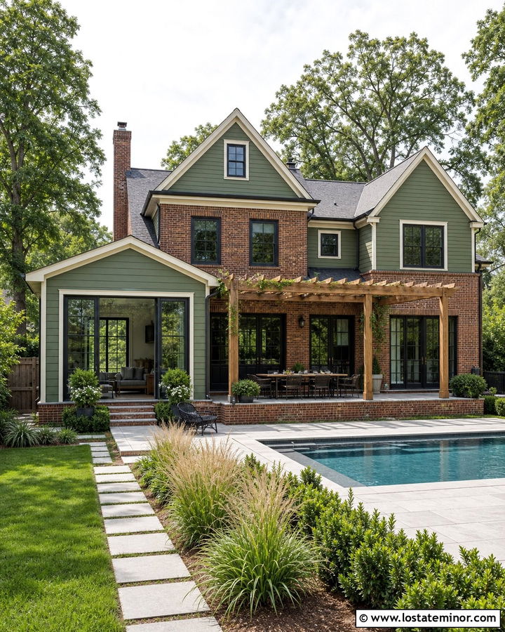 Moss Green Brick House With Modern Pool - 30 Moss Green House Design With Swimming Pool Ideas