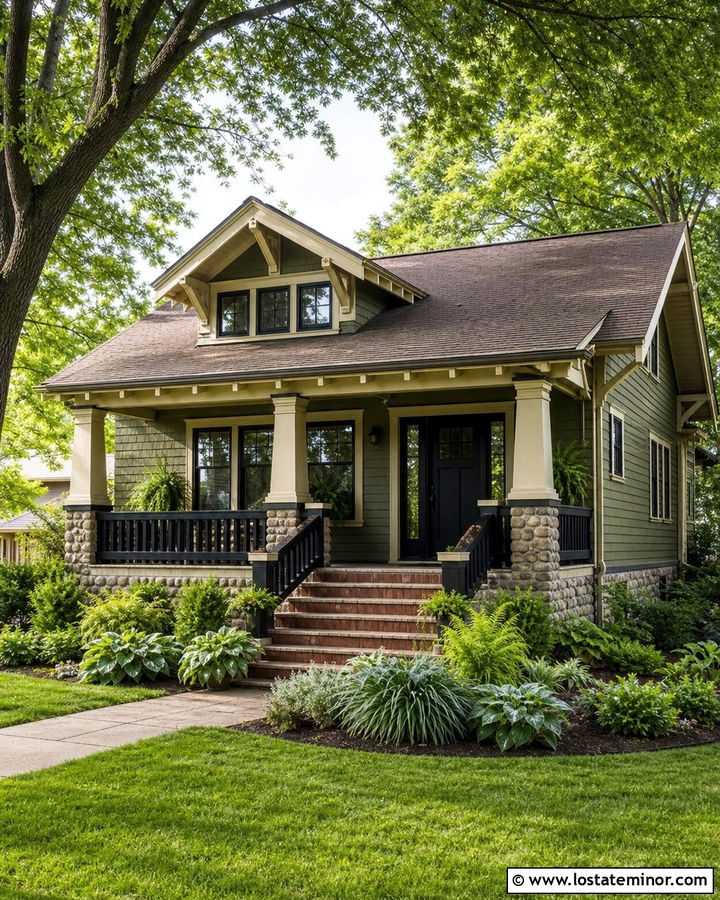 Moss Green Bungalow With Black Wood Railings - 30 Moss Green House Design With Railings Ideas