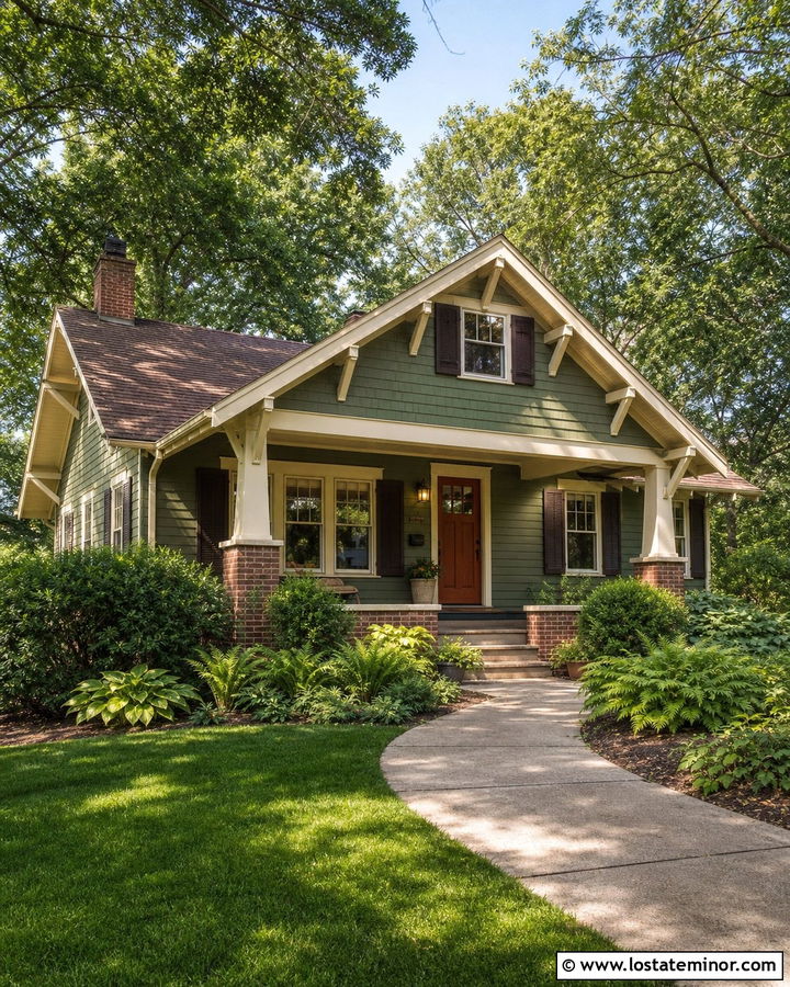 Moss Green Bungalow With Dark Brown Shutters - 30 Moss Green House Design With Shutters Ideas