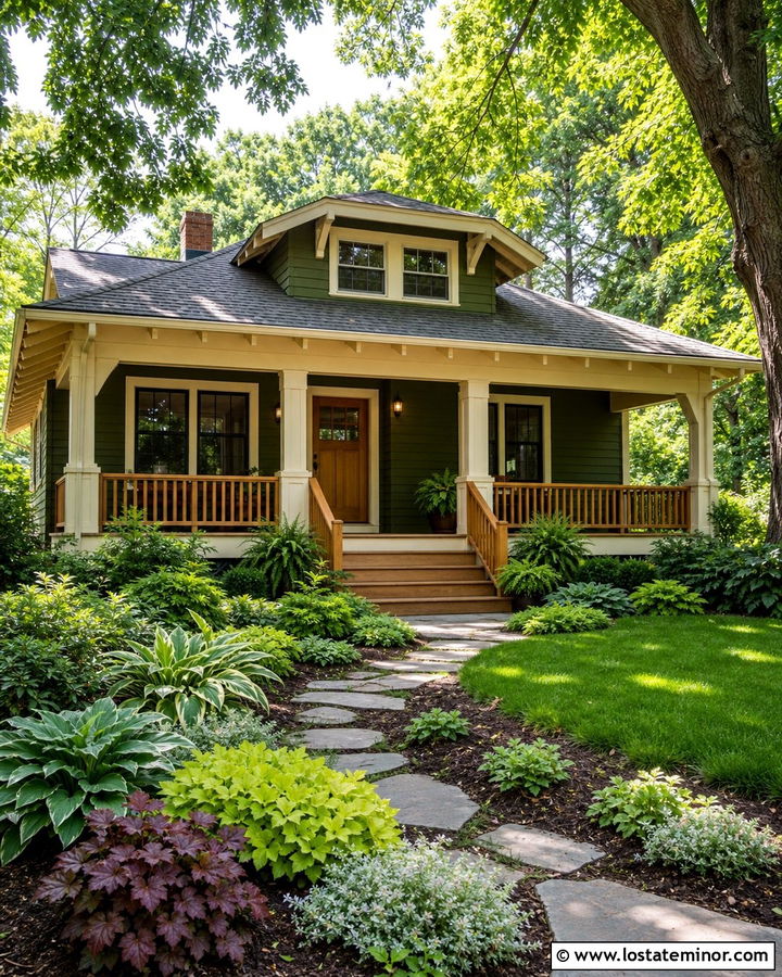 Moss Green Bungalow With Fern And Hosta Landscaping - 30 Moss Green House Design With Landscaping Ideas