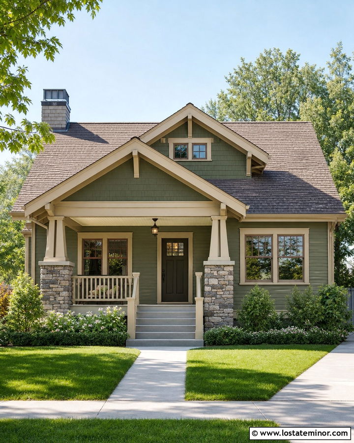 Moss Green Bungalow With Khaki Trim - 30 Moss Green House Design With Trim Ideas