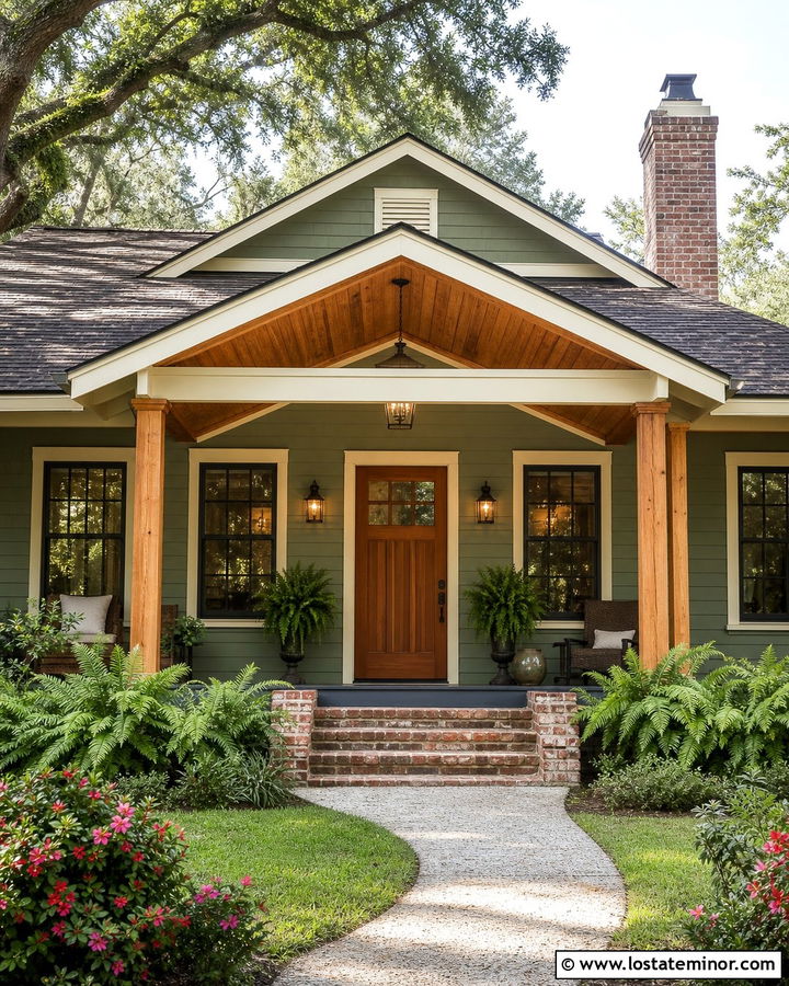 Moss Green Bungalow With Natural Cedar Porch Ceiling - 30 Moss Green House Design With Porch Ceiling Ideas
