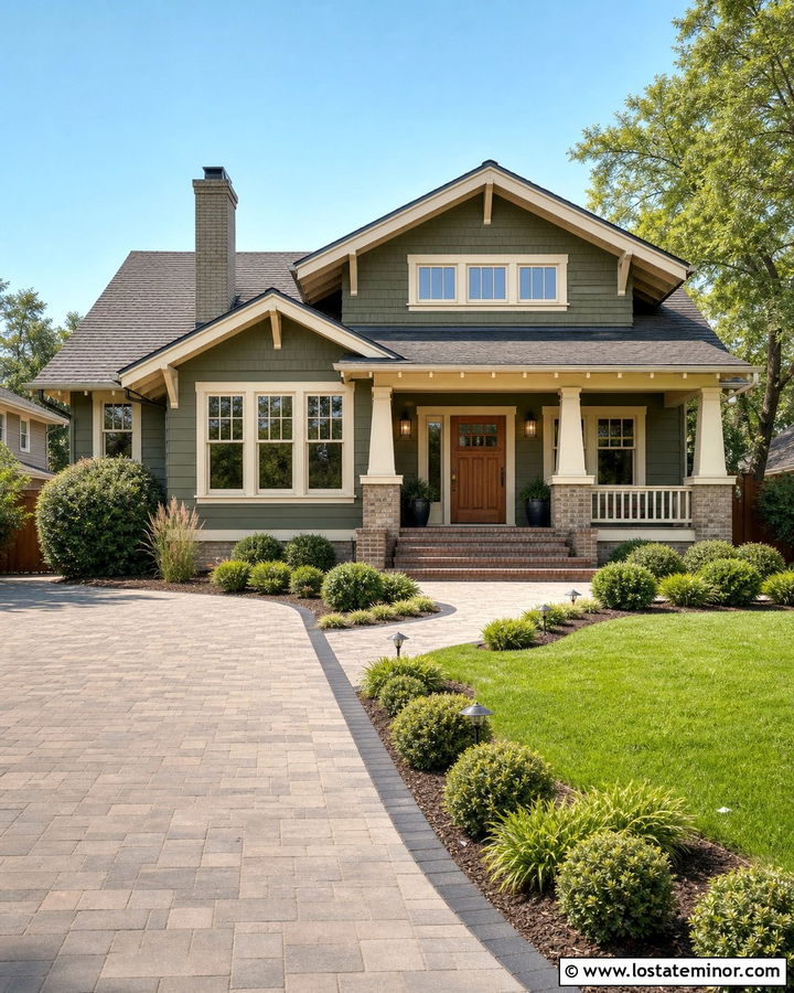 Moss Green Bungalow With Paver Driveway - 30 Moss Green House Design With Driveway Ideas
