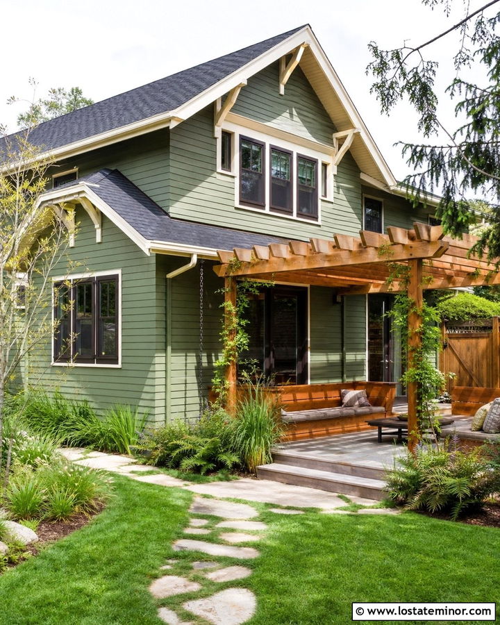 Moss Green Bungalow With Pergola - 30 Moss Green House Design With Backyard Ideas