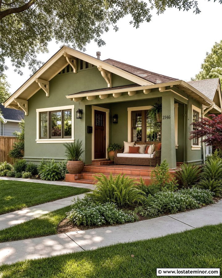 Moss Green Bungalow With Rattan Porch Daybed - 30 Moss Green House Design With Daybed Ideas