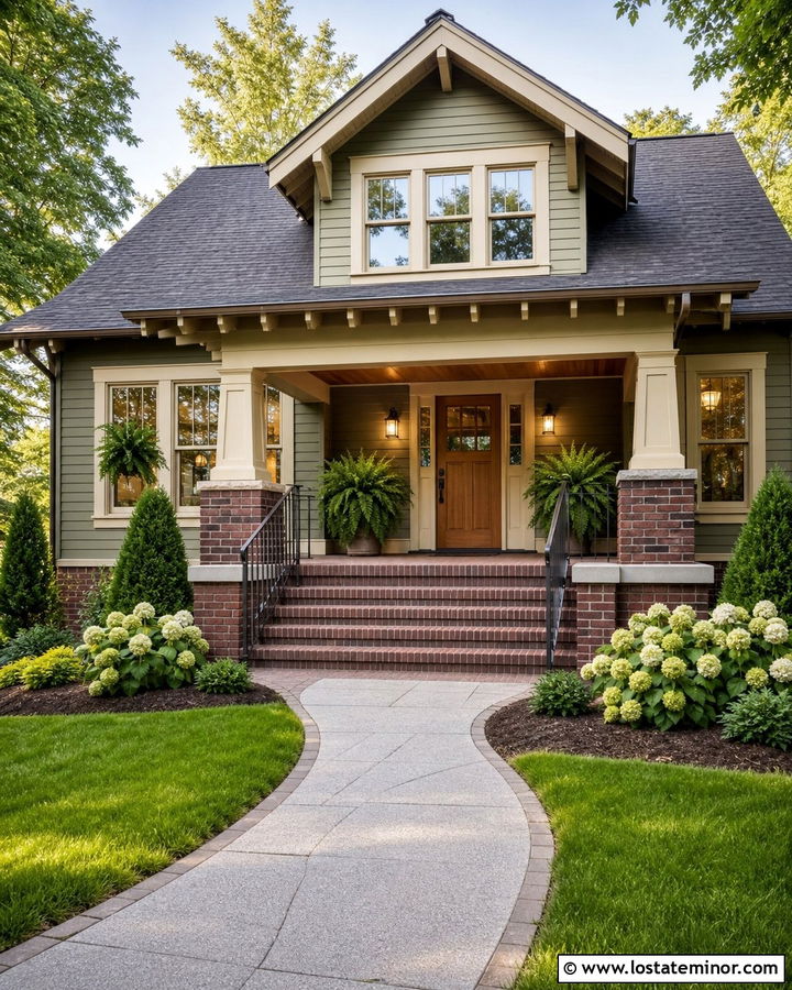 Moss Green Bungalow With Red Brick Steps - 30 Moss Green House Design With Brick Accents Ideas