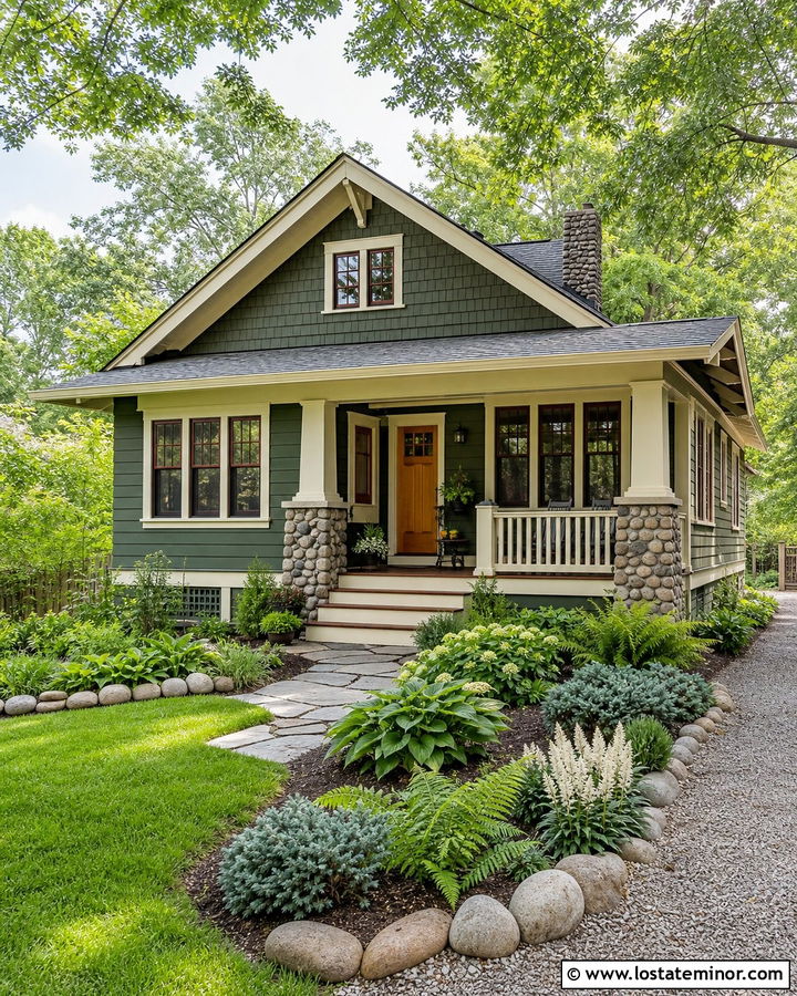 Moss Green Bungalow With River Rock Borders - 30 Moss Green House Design With Front Yard Ideas