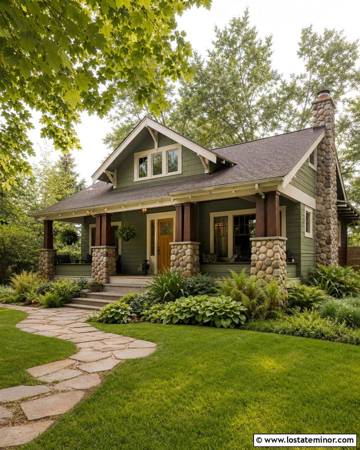 Moss Green Bungalow With River Rock Columns - 30 Moss Green House Design With Stone Accents Ideas