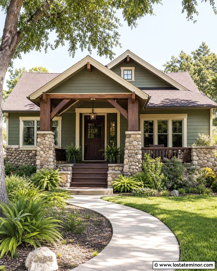 Moss Green Bungalow With River Rock Wainscoting - 30 Moss Green House Design With Wainscoting Ideas
