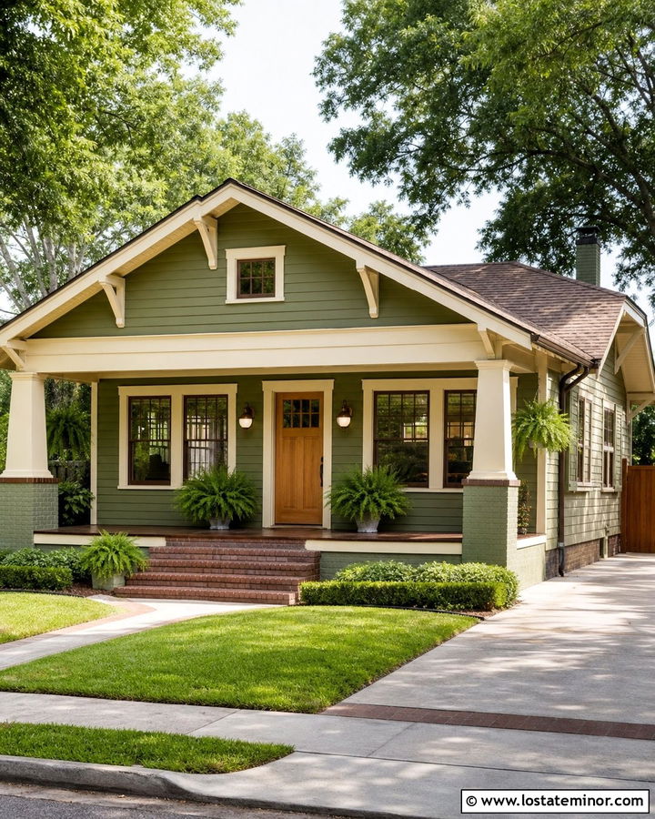 Moss Green Bungalow With Schoolhouse Porch Lights - 30 Moss Green House Design With Light Fixtures Ideas