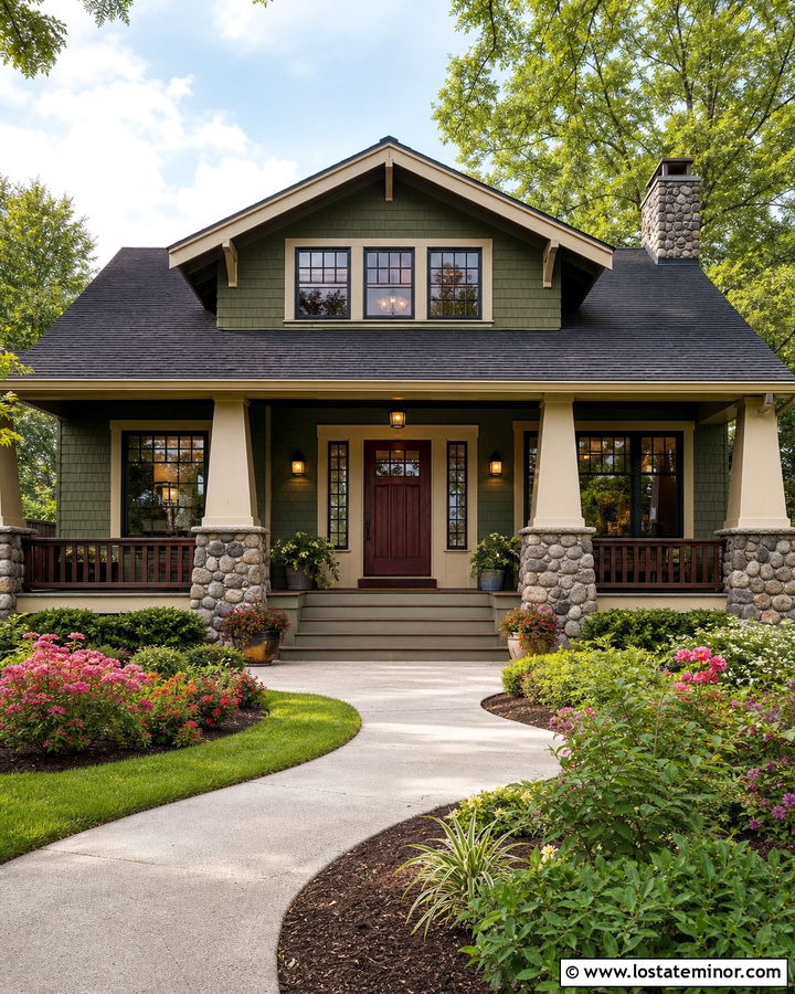 Moss Green Bungalow With Tapered Porch Columns - 30 Moss Green House Design With Front Porch Ideas