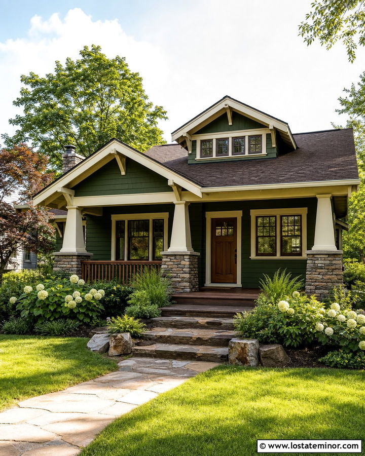Moss Green Bungalow With Tapered Stone Porch Columns - 30 Moss Green House Design With Porch Columns Ideas